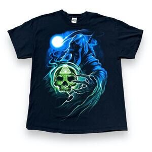 Vintage Shirt XL Skull Skeleton Grim Reaper Vivid Blue Green All Mighty Shirt